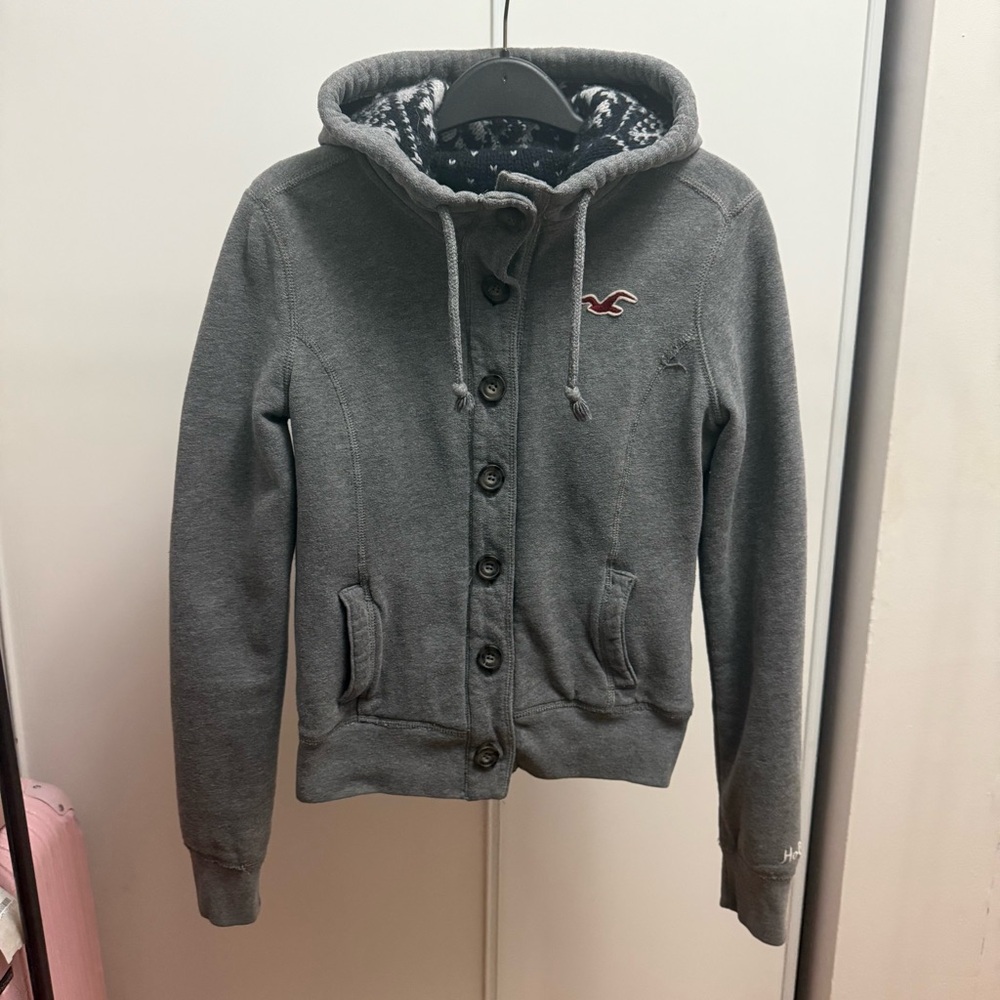 Hollister Gray Button-Up Hoodie with Logo